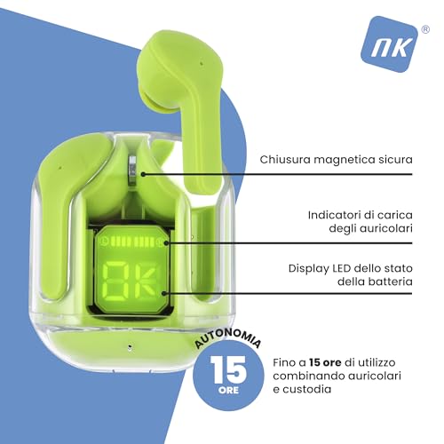 NK Auricolari Bluetooth TWS Display LED Verdi 15 Ore Silicone