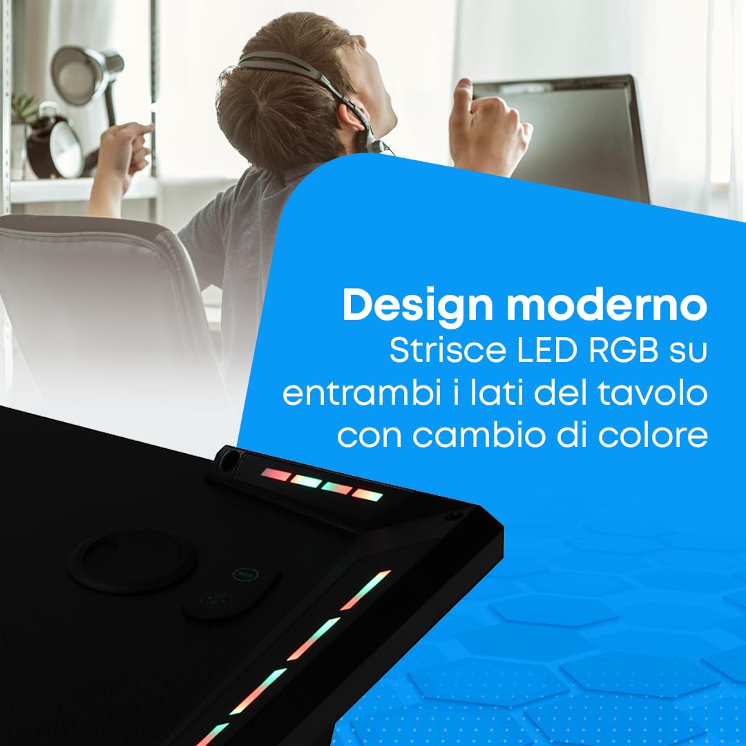 NK scrivania gaming LED 120x60 rosa con supporto cuffie 100kg