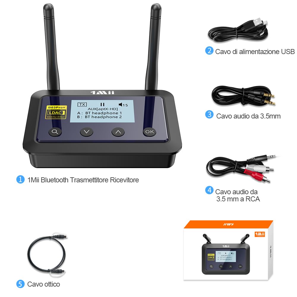 1Mii B03Pro+ Trasmettitore Ricevitore Bluetooth 5.3 LDAC TV