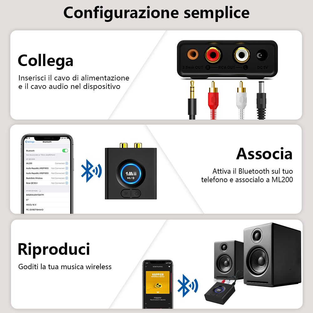 1Mii ML200 Ricevitore Bluetooth Batteria 12 Ore Bassi