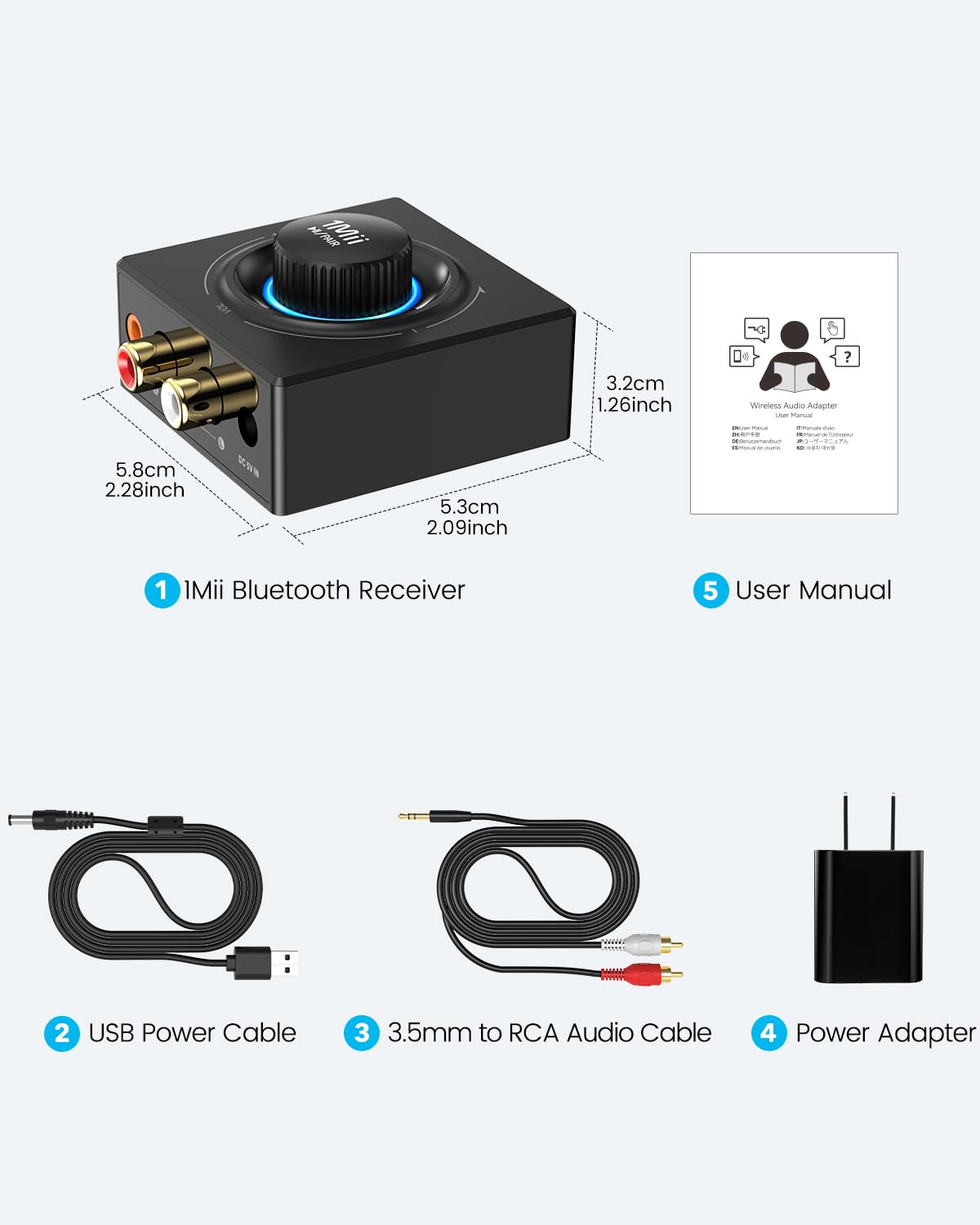 1Mii B06T3 Ricevitore Bluetooth 5.3 RCA AUX con manopola