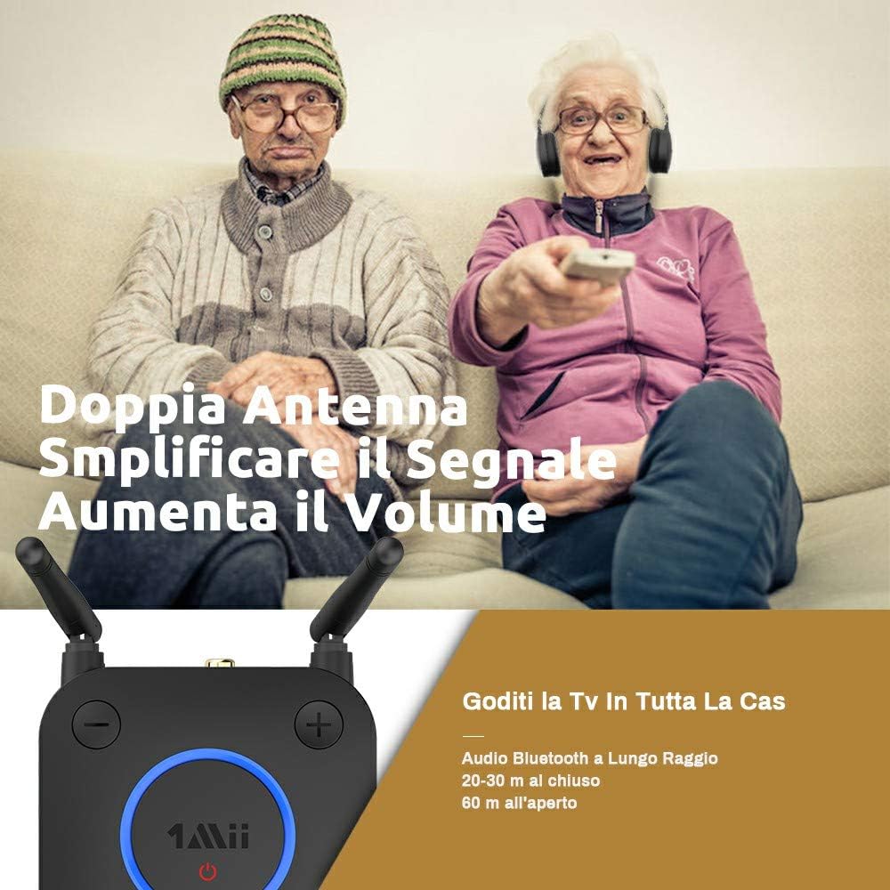 1Mii Trasmettitore Bluetooth TV 5.2 aptX Bassa Latenza 2 Cuffie