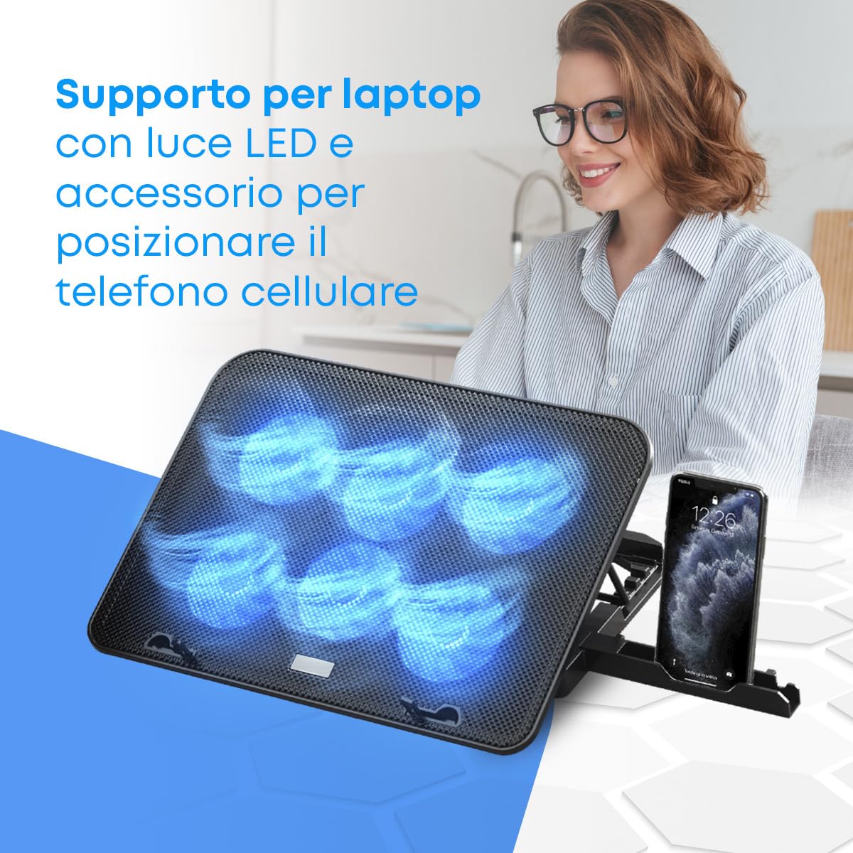 NK PC e Giochi Base Raffreddamento Laptop 6 Ventole LED Blu Nero