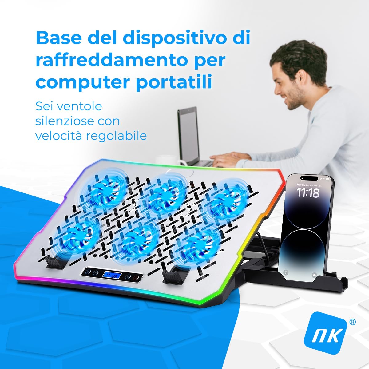 NK PC e Giochi Base Raffreddamento 17" 6 Ventole RGB Bianca