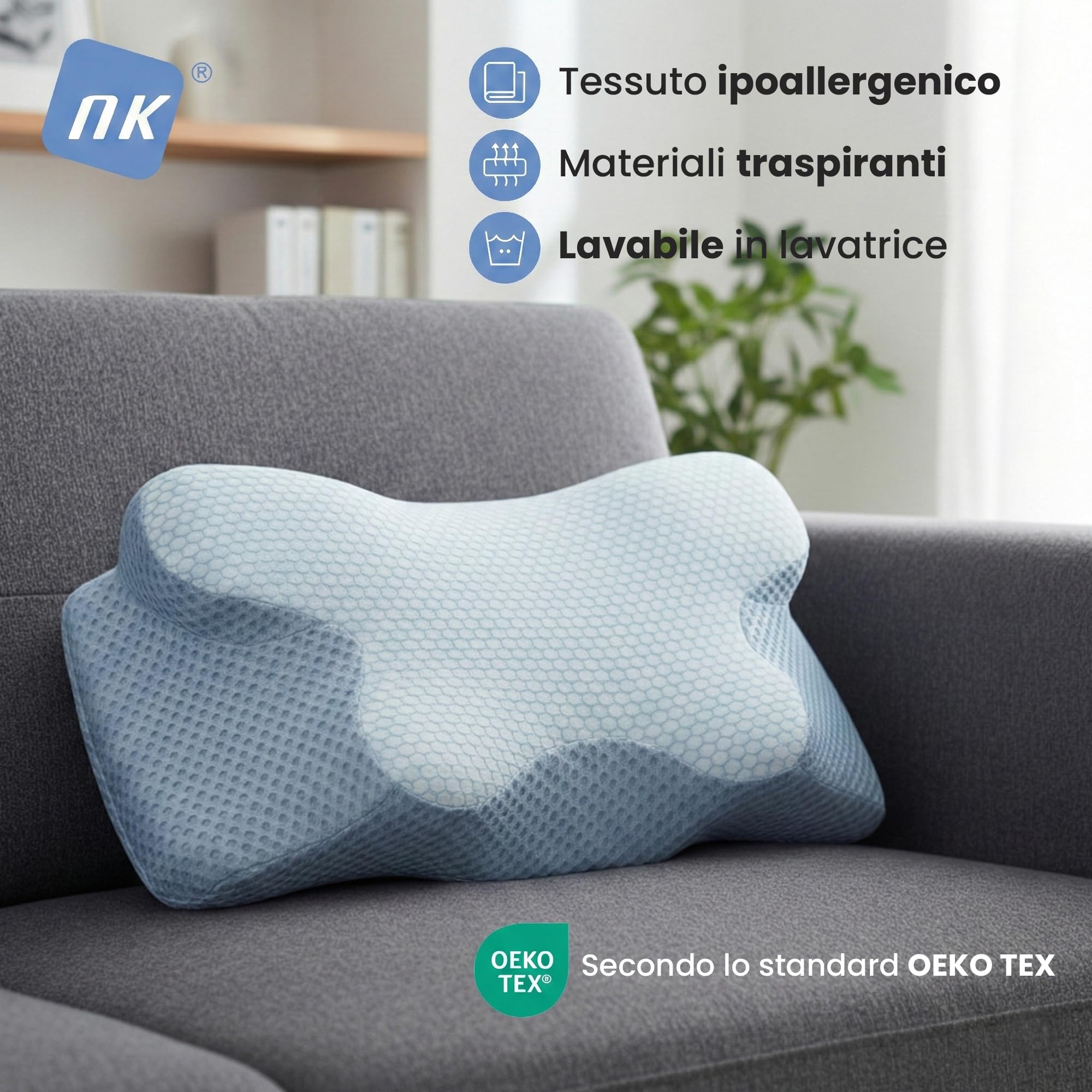 NK Cuscino Cervicale Memory 50D 60x34 Blu Bianco