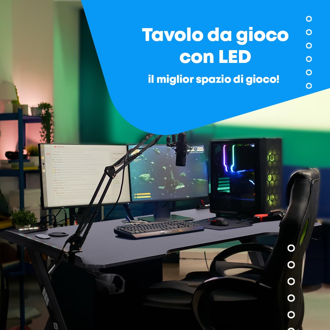 NK scrivania gaming LED 120x60 rosa con supporto cuffie 100kg