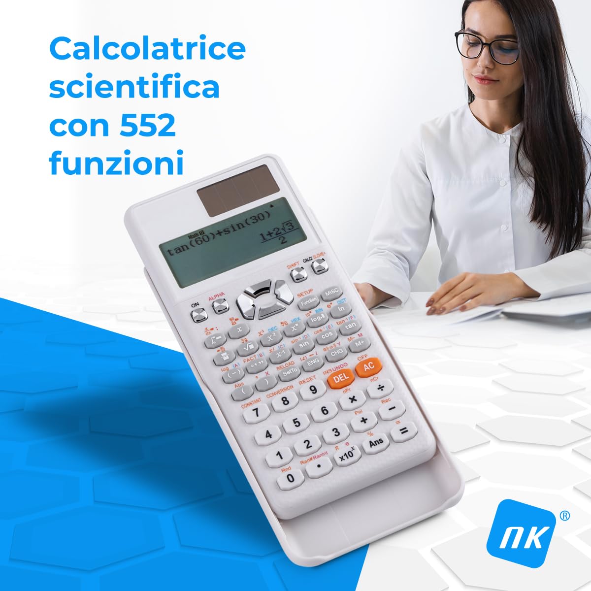 NK calcolatrice scientifica 552 funzioni bianca solare con coperchio
