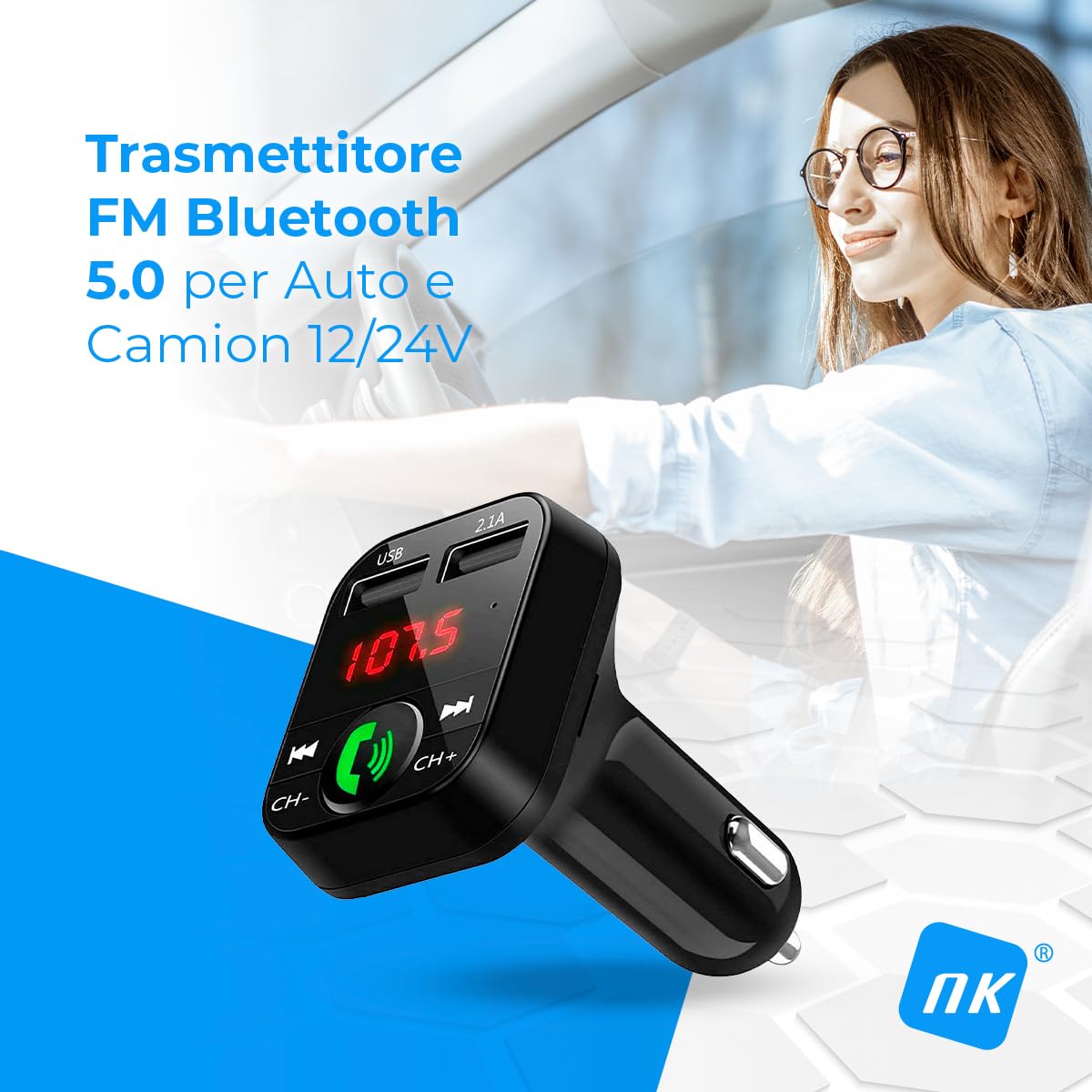 NK Automobile Trasmettitore FM Bluetooth Auto Doppia USB