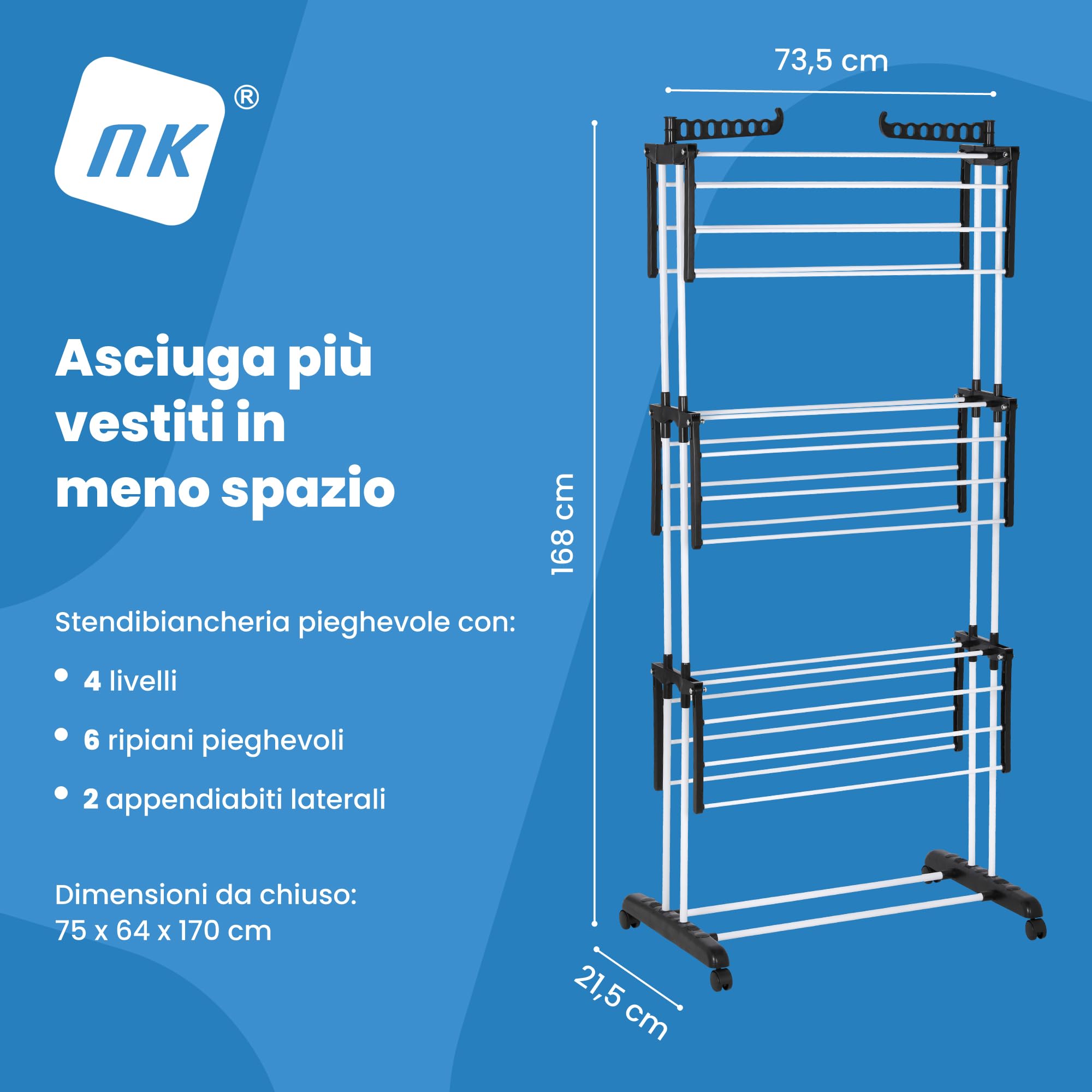 NK Stendino Verticale 4 Livelli Nero Bianco 19 m con Ruote