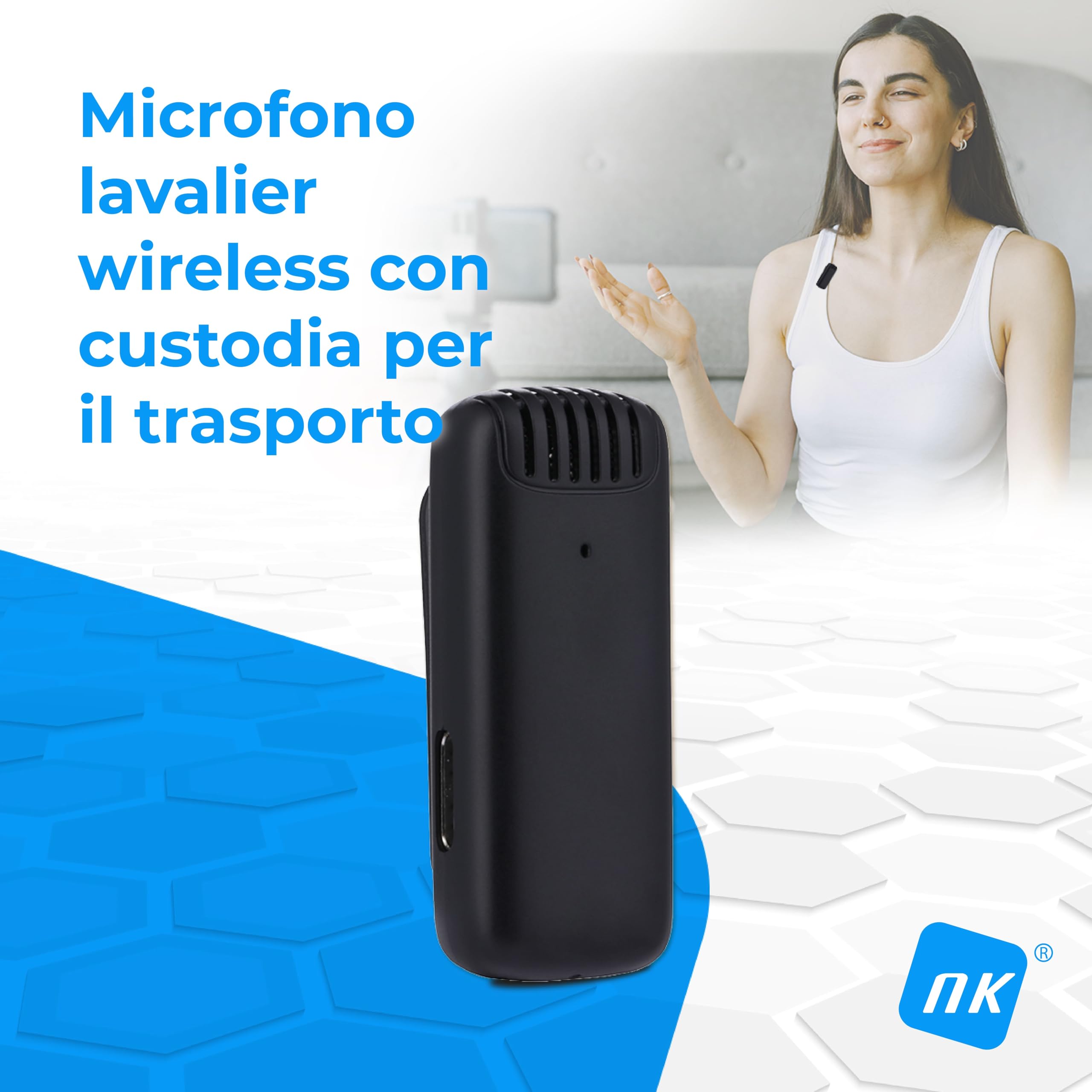 NK Microfono Lavalier Wireless 2 Mic + Custodia Riduzione Rumore
