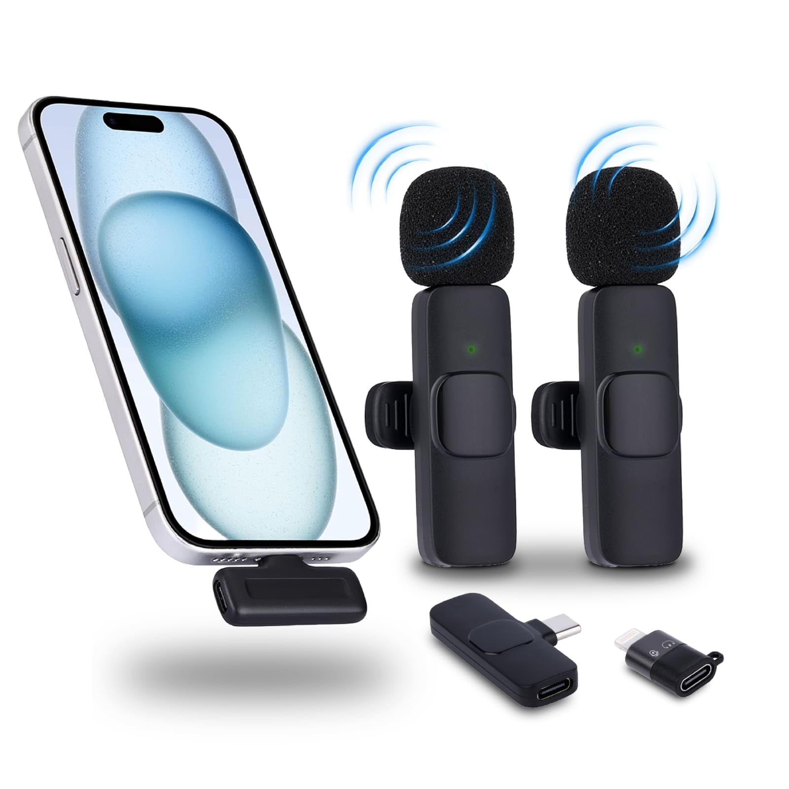 NK Microfono Lavalier Wireless 2 Mic + Custodia Riduzione Rumore