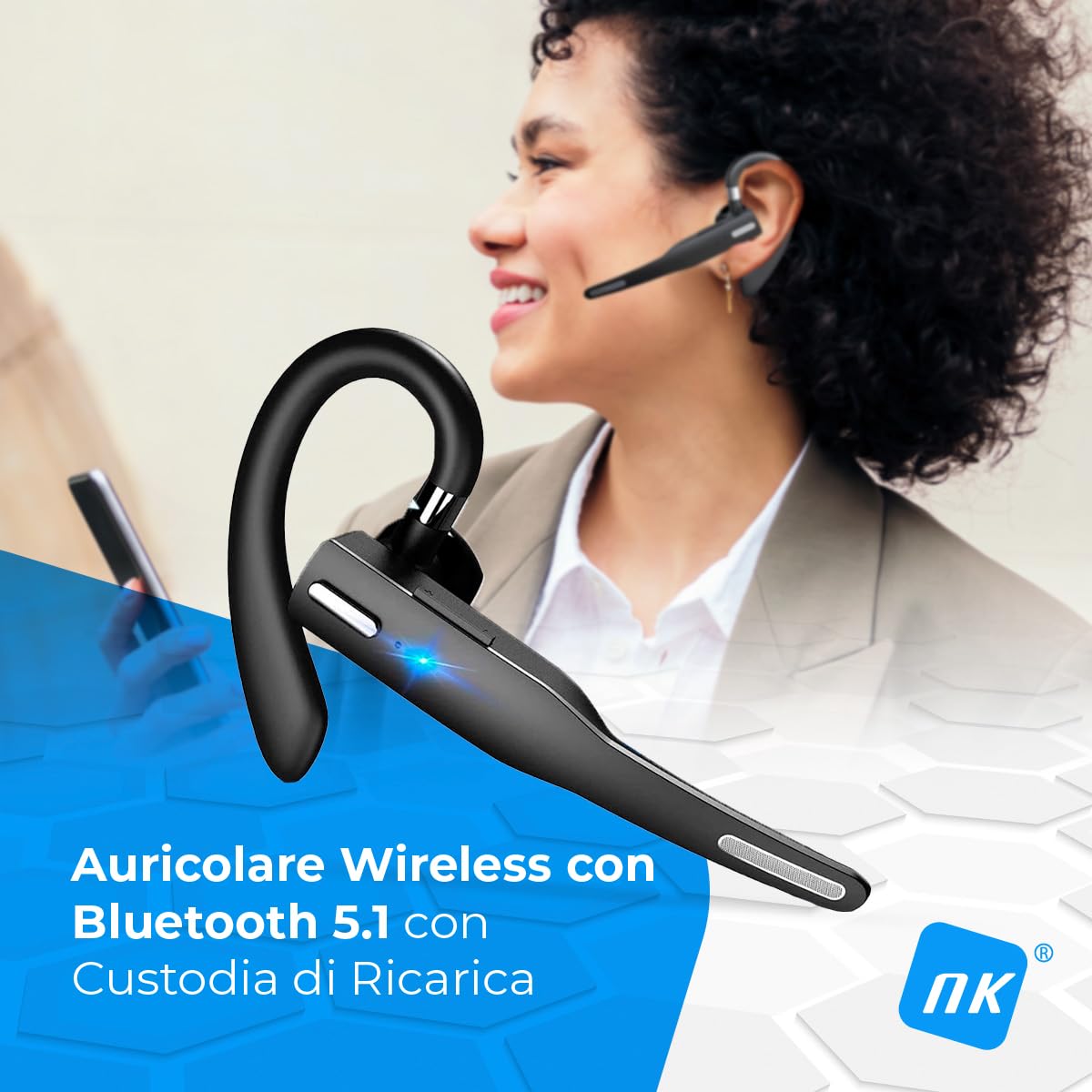 NK Auricolare Bluetooth Mono con Custodia Ricarica Lavoro