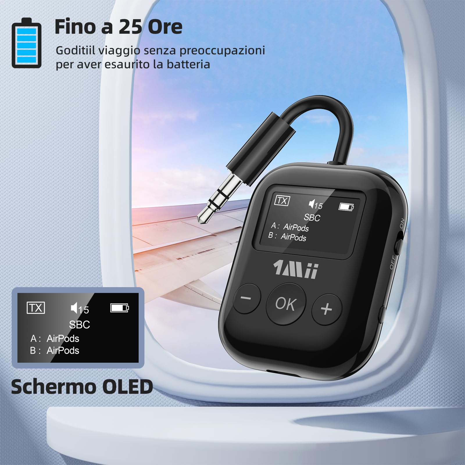 1Mii SafeFly Min trasmettitore bluetooth 2 cuffie OLED 25 ore