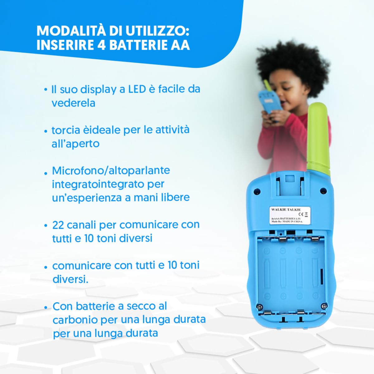 NK walkie-talkie bambini blu/verde 22 canali 3 km torcia