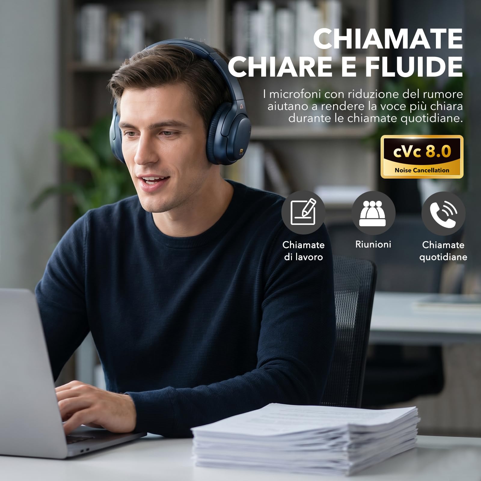 1Mii E700 Cuffie Bluetooth Over-Ear ANC Blu 75 Ore