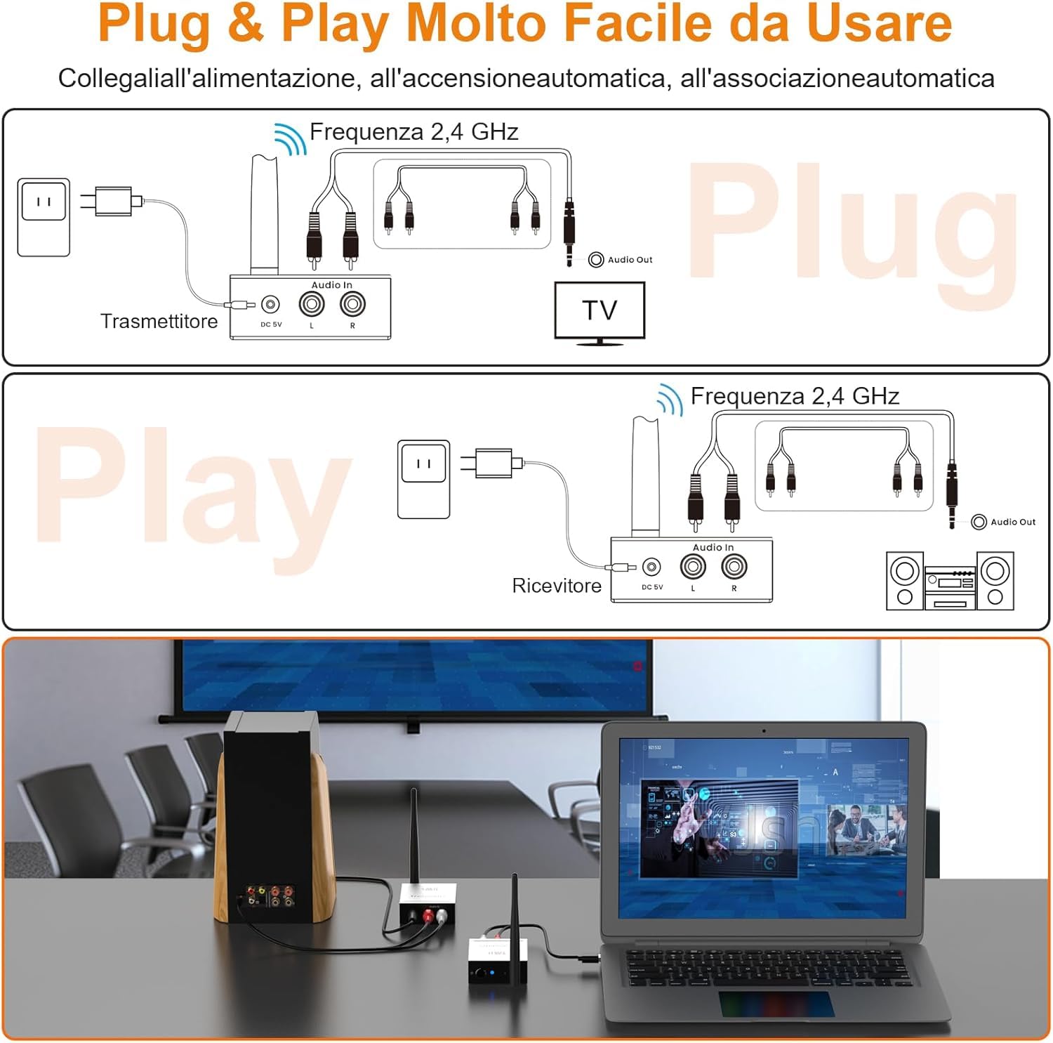1Mii RT5066 Trasmettitore Ricevitore Audio Wireless 2.4GHz 100m