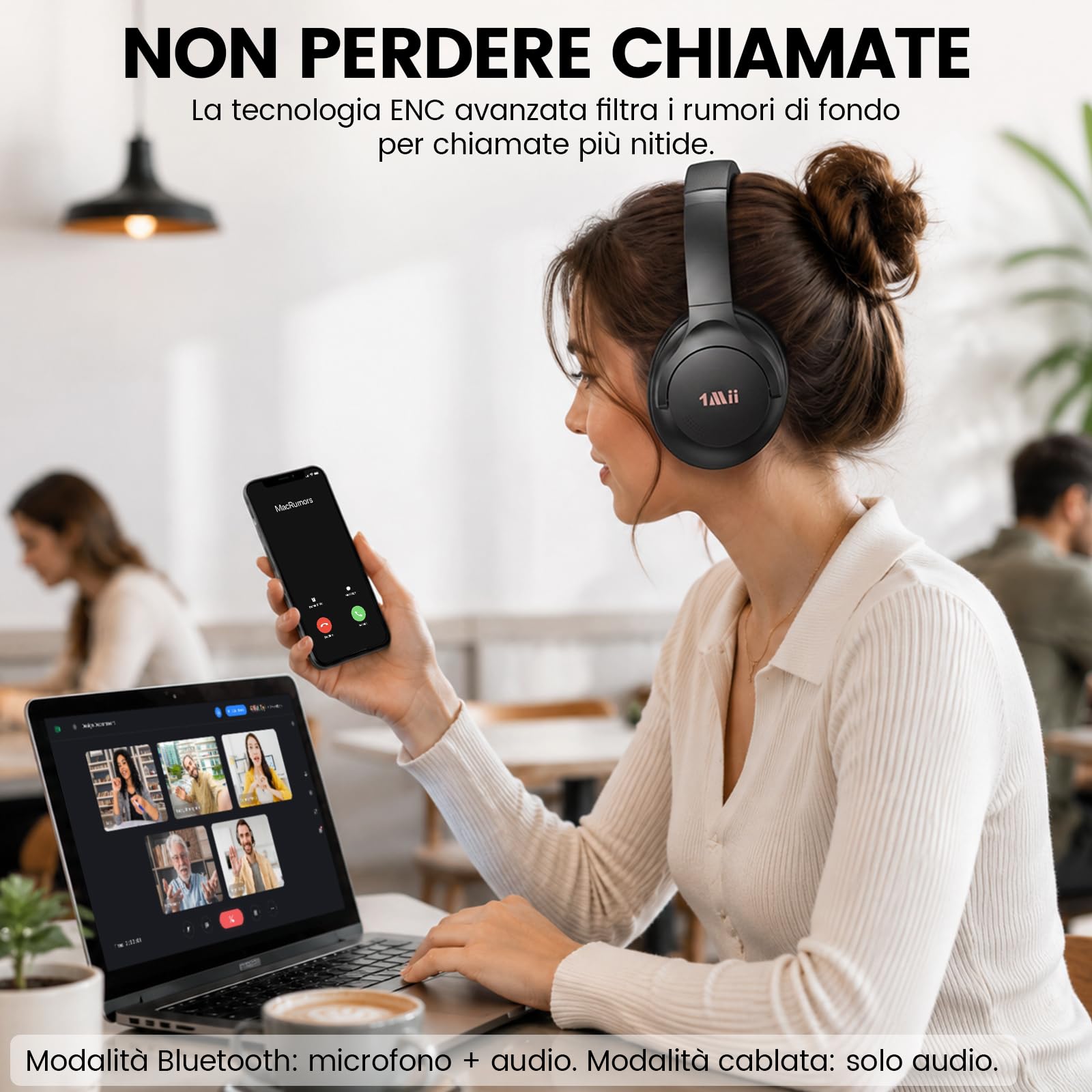 1Mii Y8+ Cuffie Bluetooth Over-Ear Nero ANC LDAC