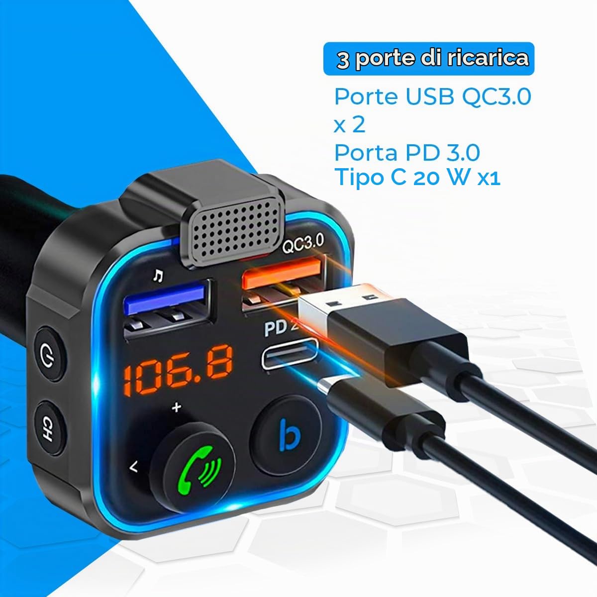 NK Trasmettitore FM Auto Bluetooth 5.0 PD 20W QC3.0