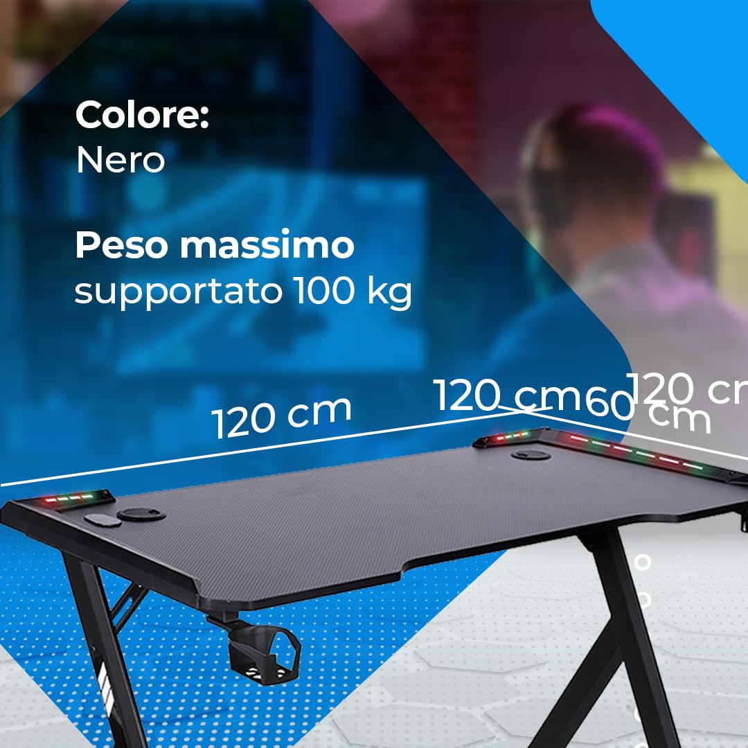 NK scrivania gaming LED 120x60 rosa con supporto cuffie 100kg