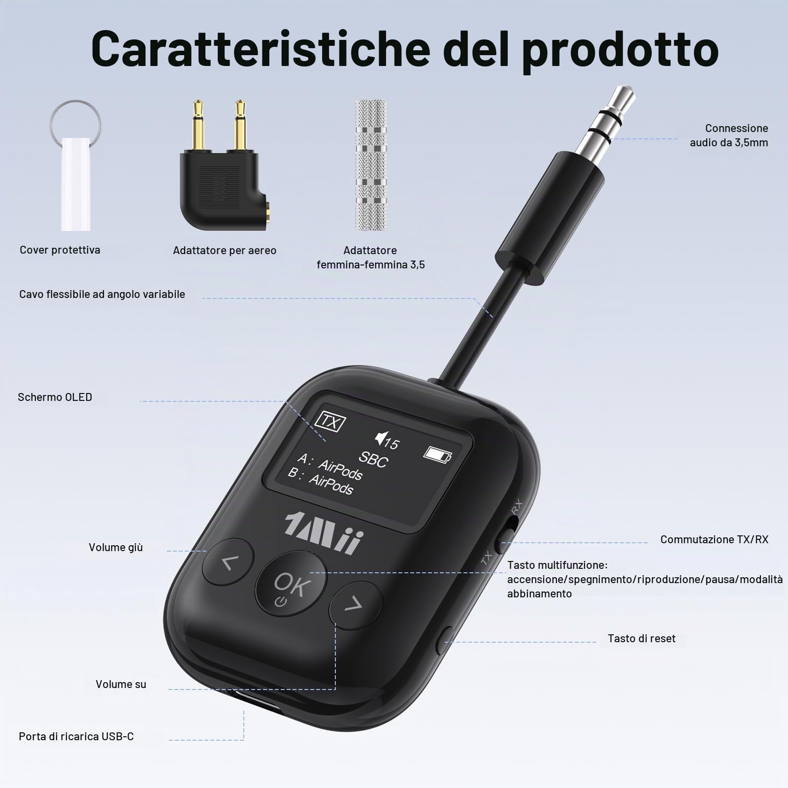 1Mii SafeFly Min+ Trasmettitore Ricevitore Bluetooth aptX OLED