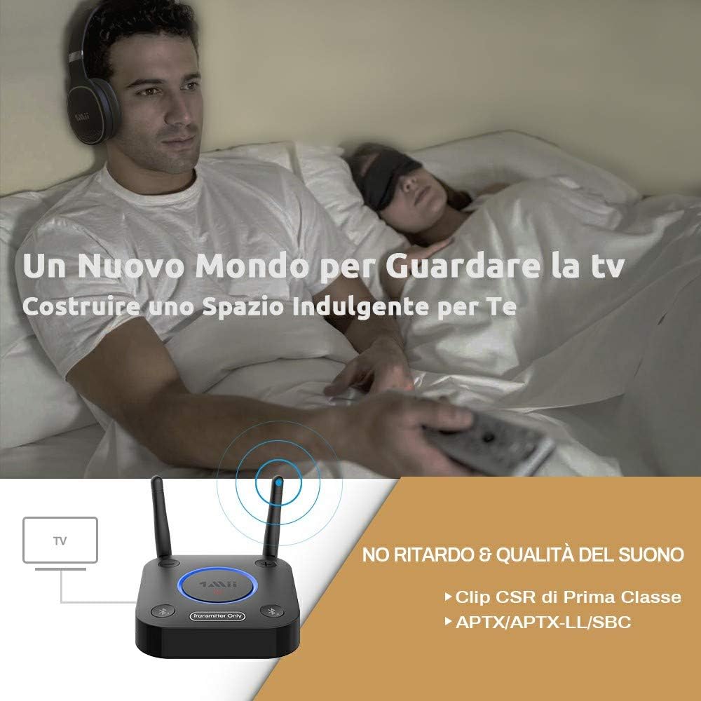 1Mii Trasmettitore Bluetooth TV 5.2 aptX Bassa Latenza 2 Cuffie