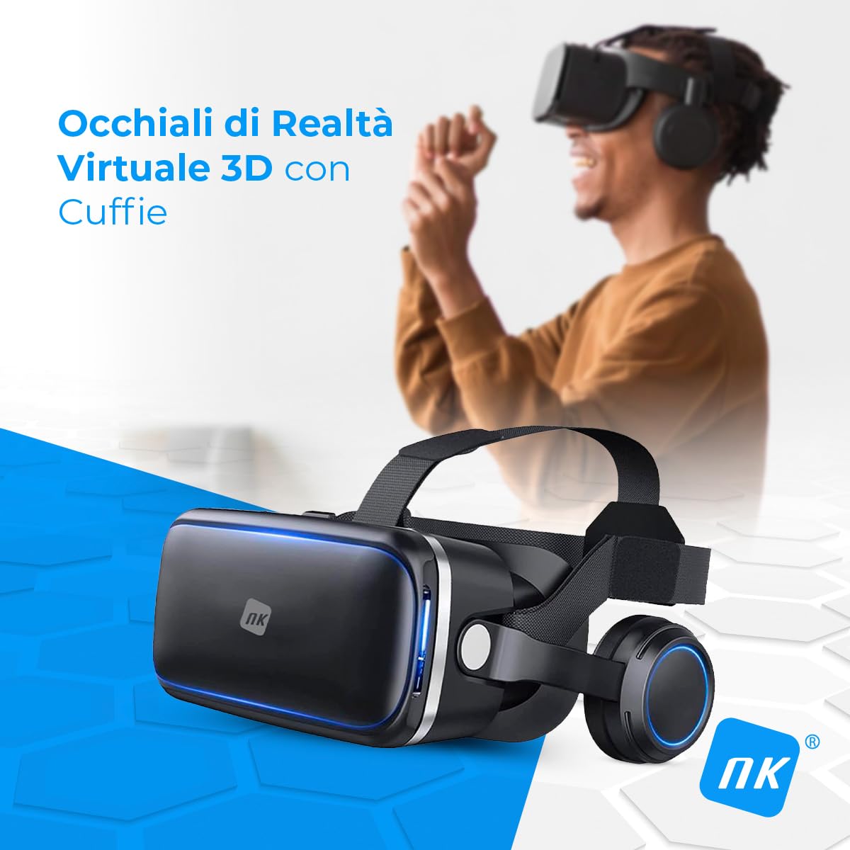 NK occhiali VR smartphone 4,7-6,53" neri con cuffie 360°