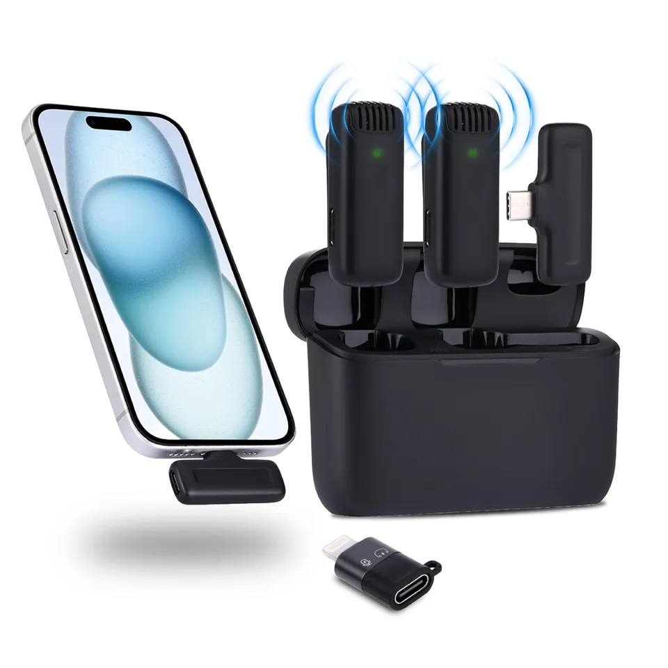 NK Microfono Lavalier Wireless 2 Mic + Custodia Riduzione Rumore