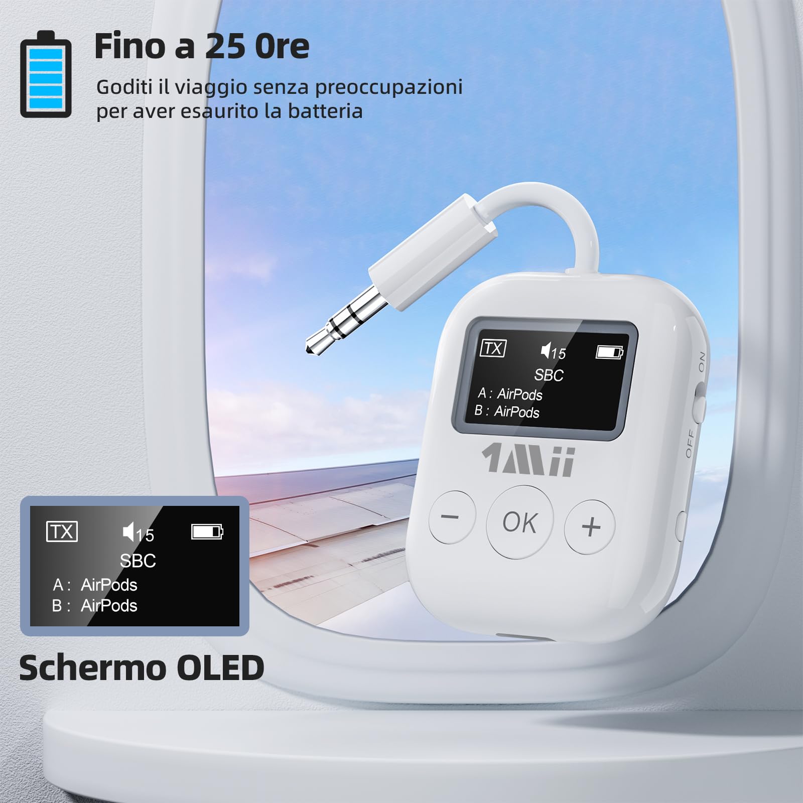 1Mii SafeFly Min trasmettitore bluetooth aptX LL display OLED 25 ore