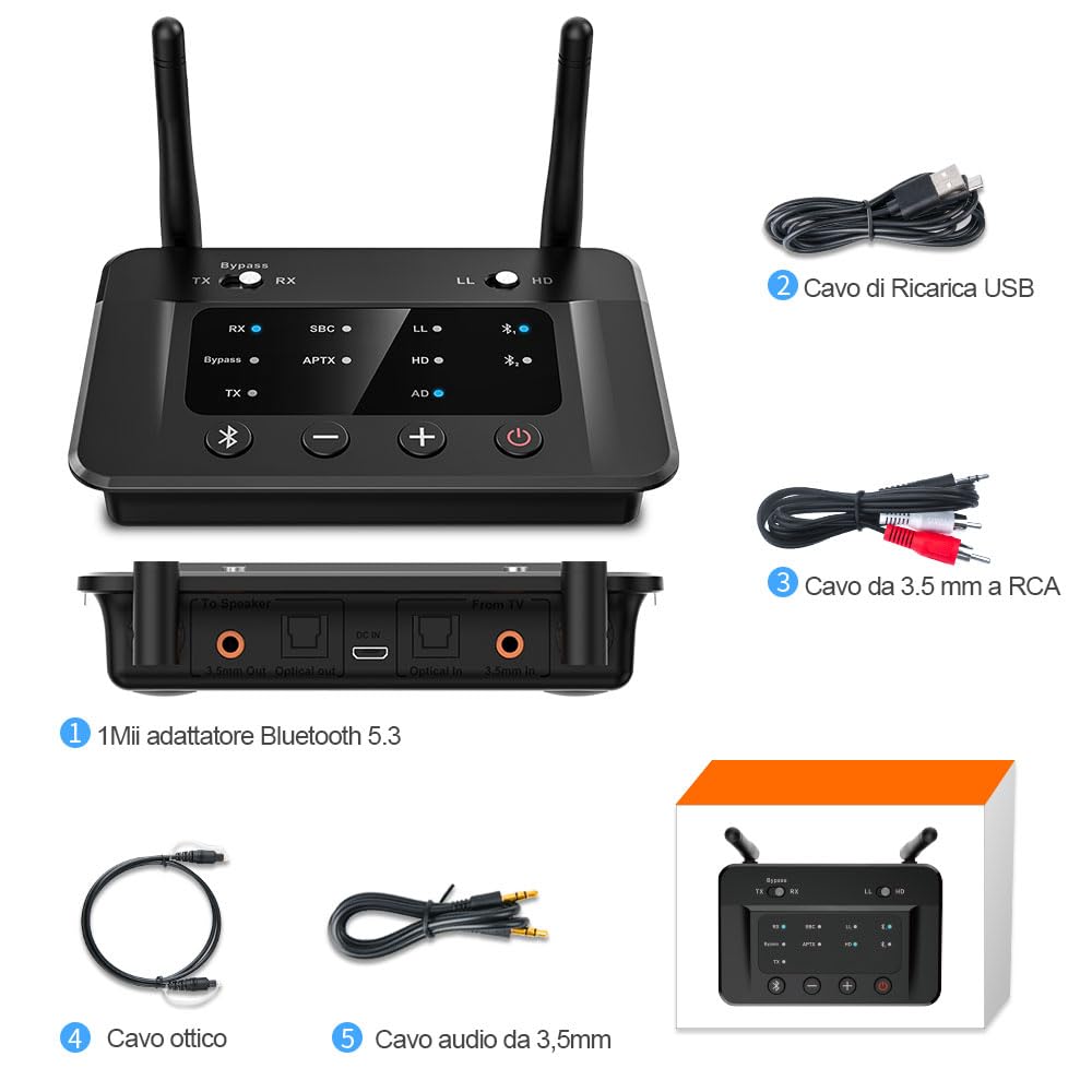 1Mii B03 Trasmettitore Ricevitore Bluetooth 5.3 aptX TV