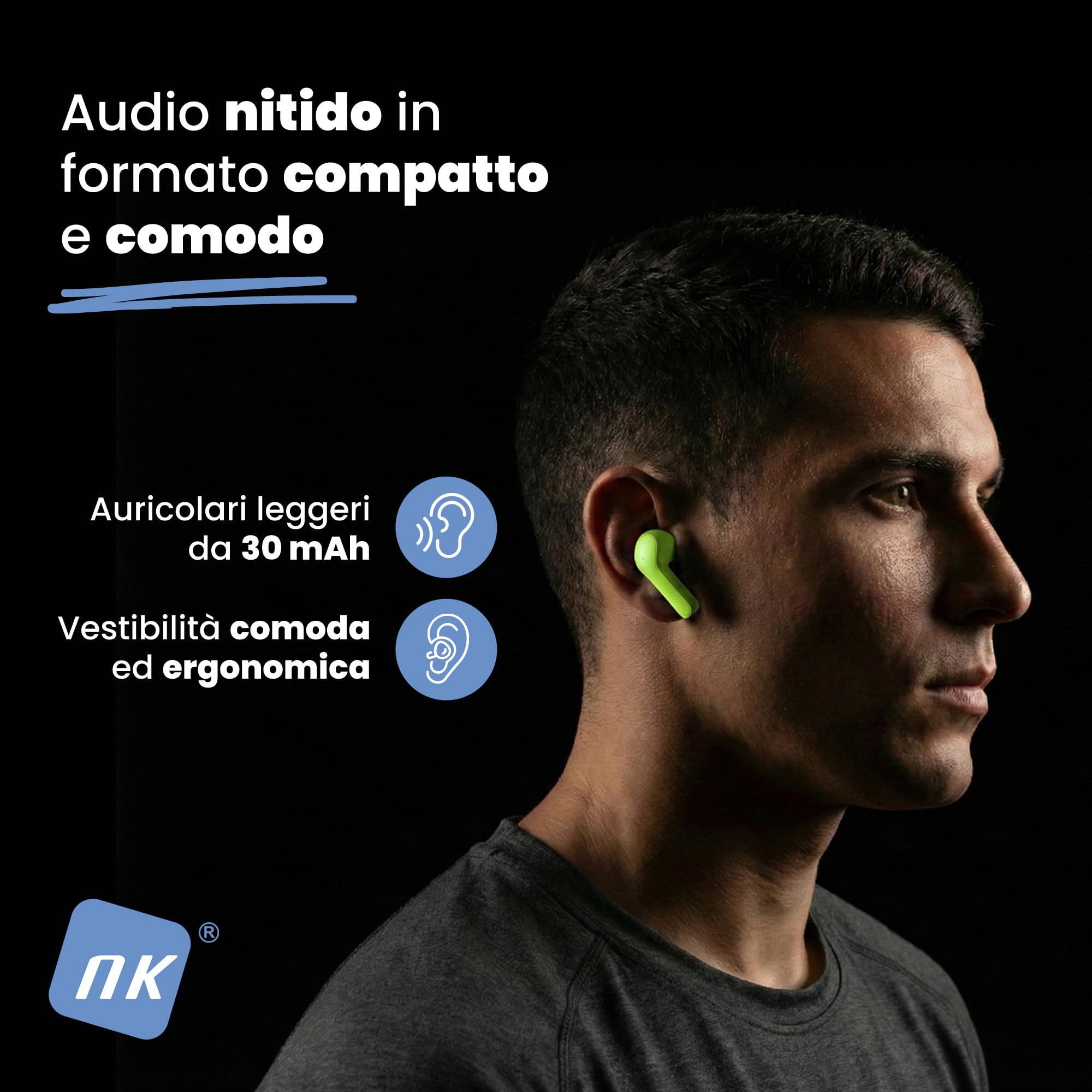 NK Auricolari Bluetooth TWS Display LED Verdi 15 Ore Silicone
