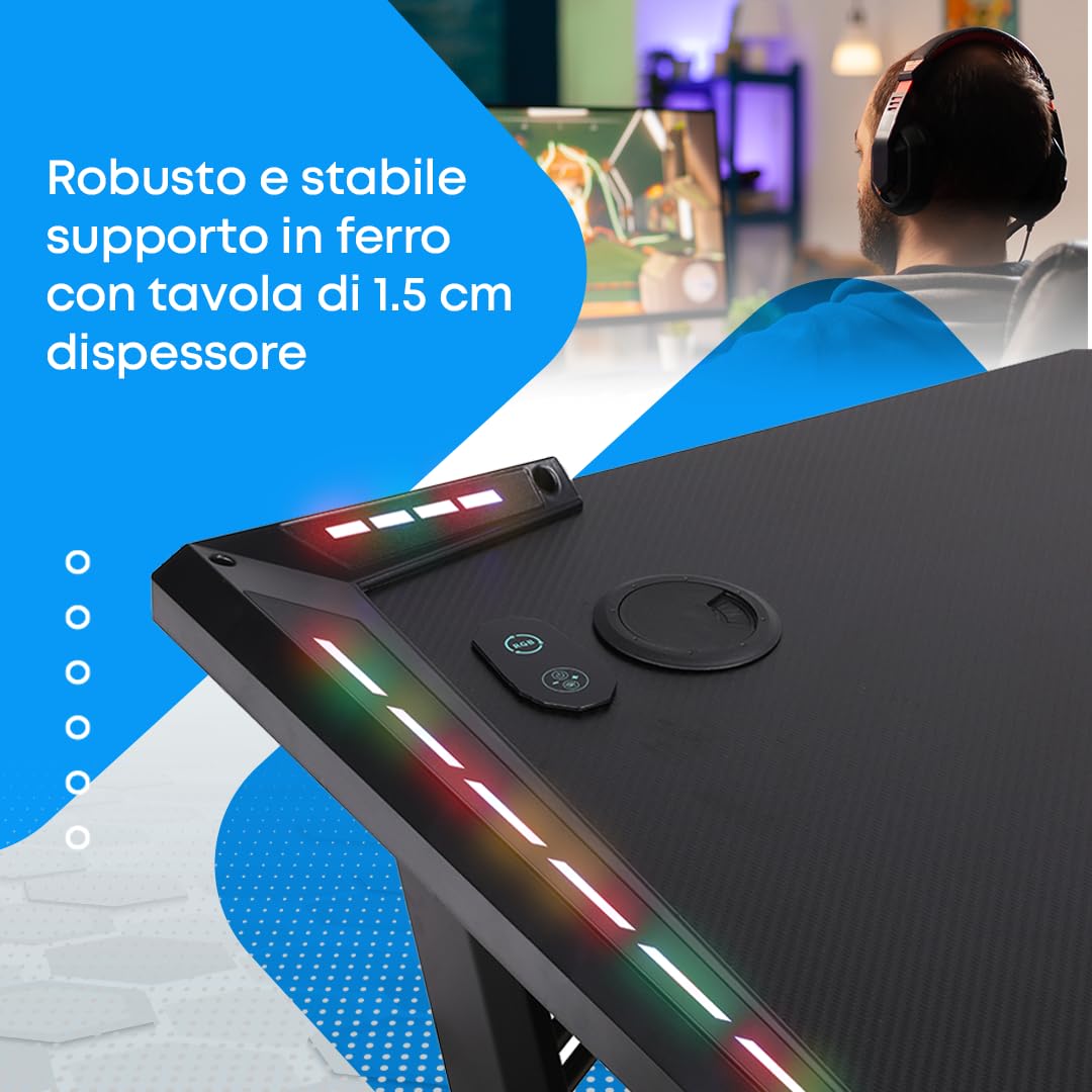 NK scrivania gaming LED 120x60 rosa con supporto cuffie 100kg