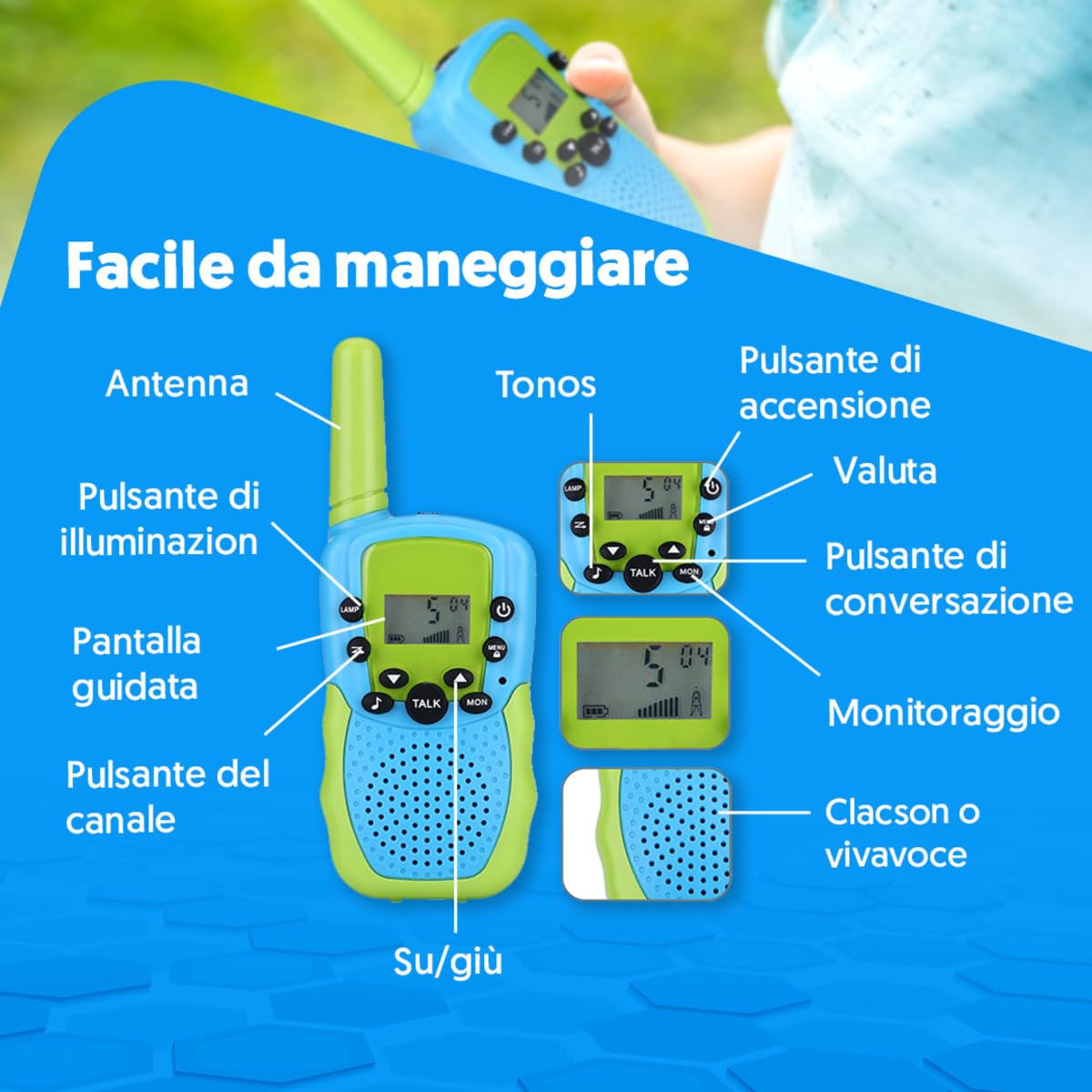 NK walkie-talkie bambini blu/verde 22 canali 3 km torcia
