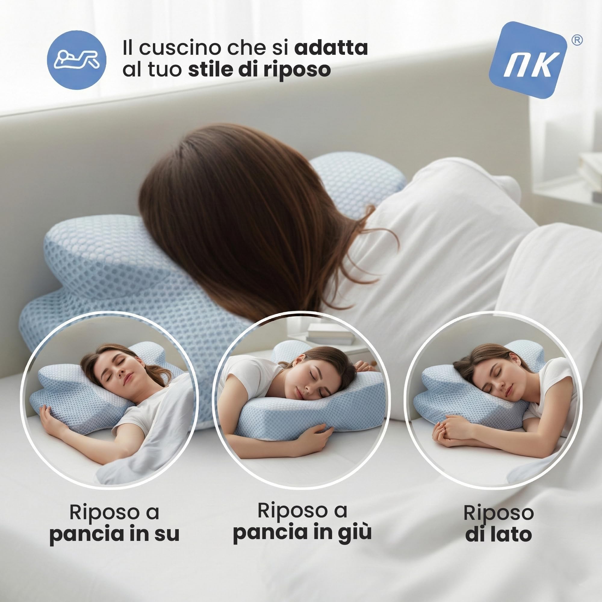 NK Cuscino Cervicale Memory 50D 60x34 Blu Bianco